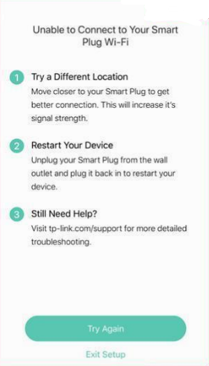 Kasa app screen showing "Unable to Connect to Your Smart Plug Wi-Fi" with troubleshooting options and a Try Again button.