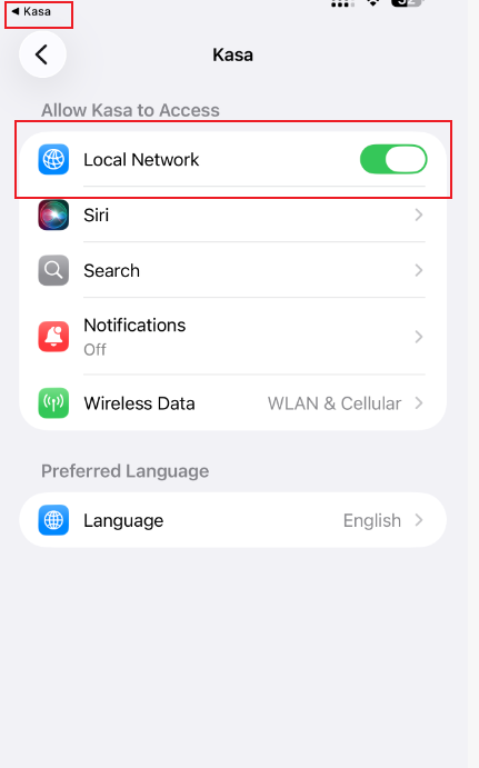 iPhone Settings page showing the Kasa app with Local Network permission toggled on.