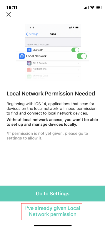 Kasa app screen showing a Local Network Permission Needed prompt with options to go to Settings or confirm permission has already been granted.