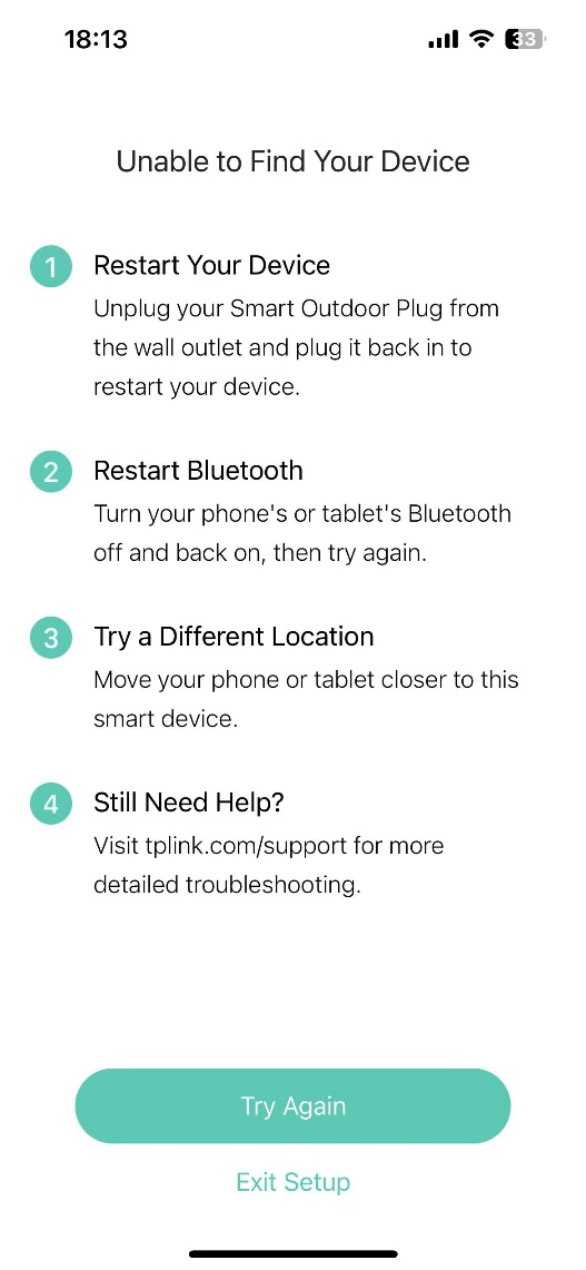 Kasa app Unable to Find Your Device screen listing steps to restart the device, restart Bluetooth, try a different location, and Try Again option.