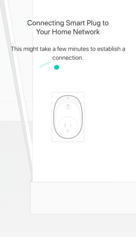 Kasa app Connecting Smart Plug to Your Home Network screen showing a loading indicator and a smart plug illustration.