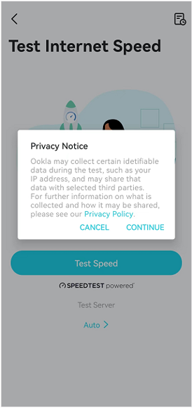 Deco app Test Internet Speed screen showing a Speedtest Privacy Notice popup with Cancel and Continue options.