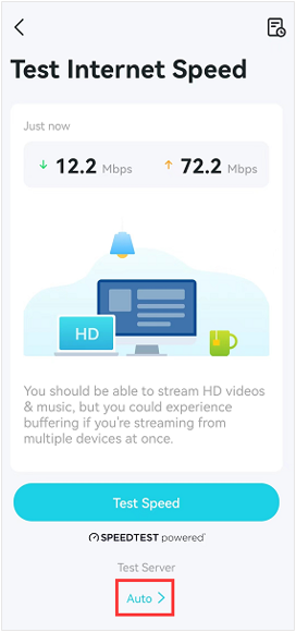 Deco app screen: Test Internet Speed results showing 12.2 Mbps download and 72.2 Mbps upload, with the Auto Test Server option highlighted in a red box.