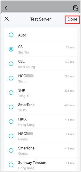 Deco app Test Server selection screen showing a list of servers with ping times, with the Done button highlighted in a red box.