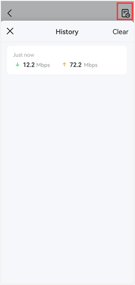 Deco app speed test History screen showing a recent result of 12.2 Mbps down and 72.2 Mbps up, with the history icon highlighted in a red box.