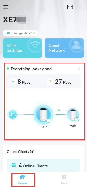 Deco app screenshots showing the Network tab with the “Everything looks good” option.