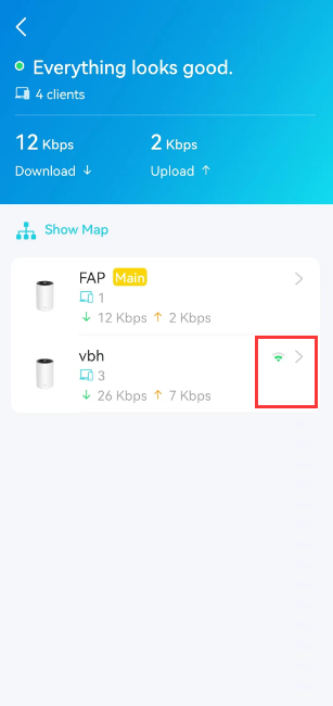 Deco app screenshots showing the Network tab with the FAP and vbh nodes listed and the signal strength indicator for the satellite unit.