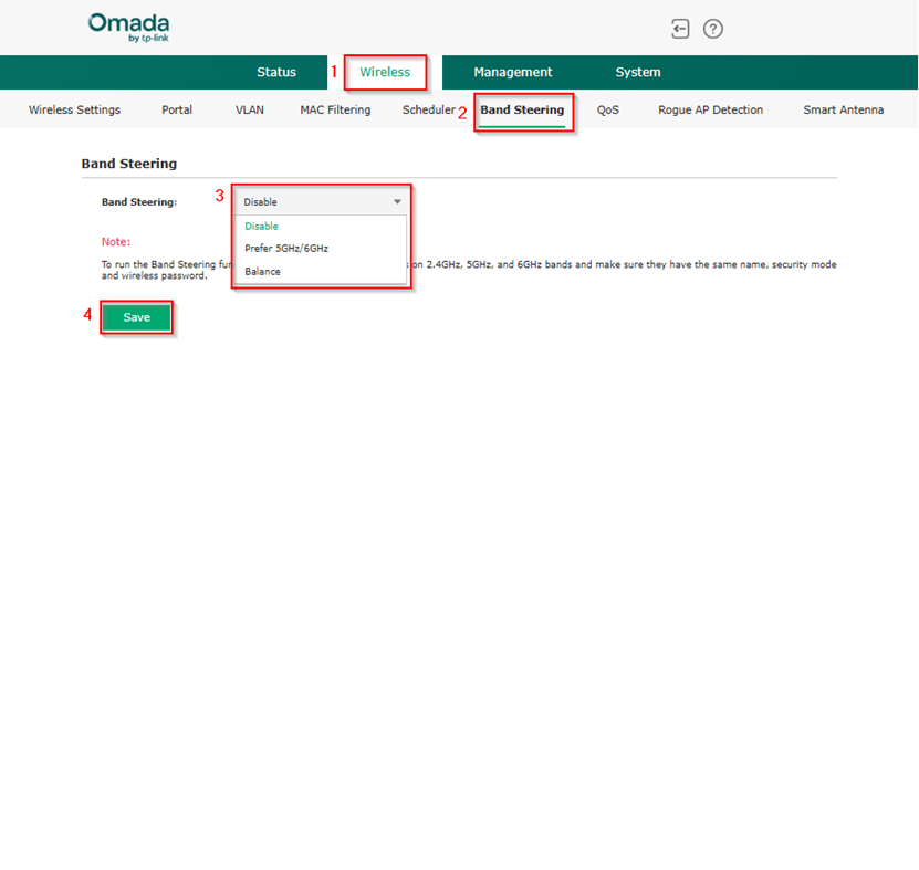 The image shows where in the standalone web interface the band steering function can be located and configured.