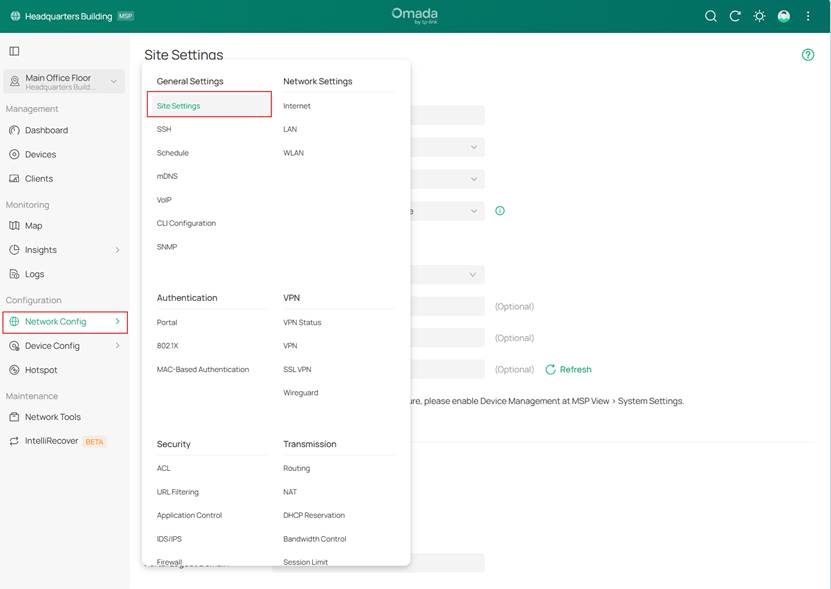 The image shows where in the Omada Controller interface the band steering function can be located and configured.