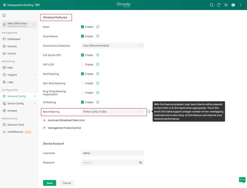 The image shows where in the Omada Controller interface the band steering function can be located and configured.
