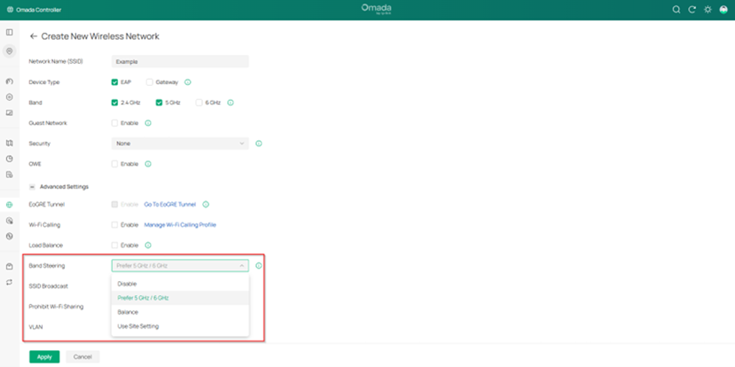 The image shows where in the Omada Controller interface the SSID band steering function can be located and configured.