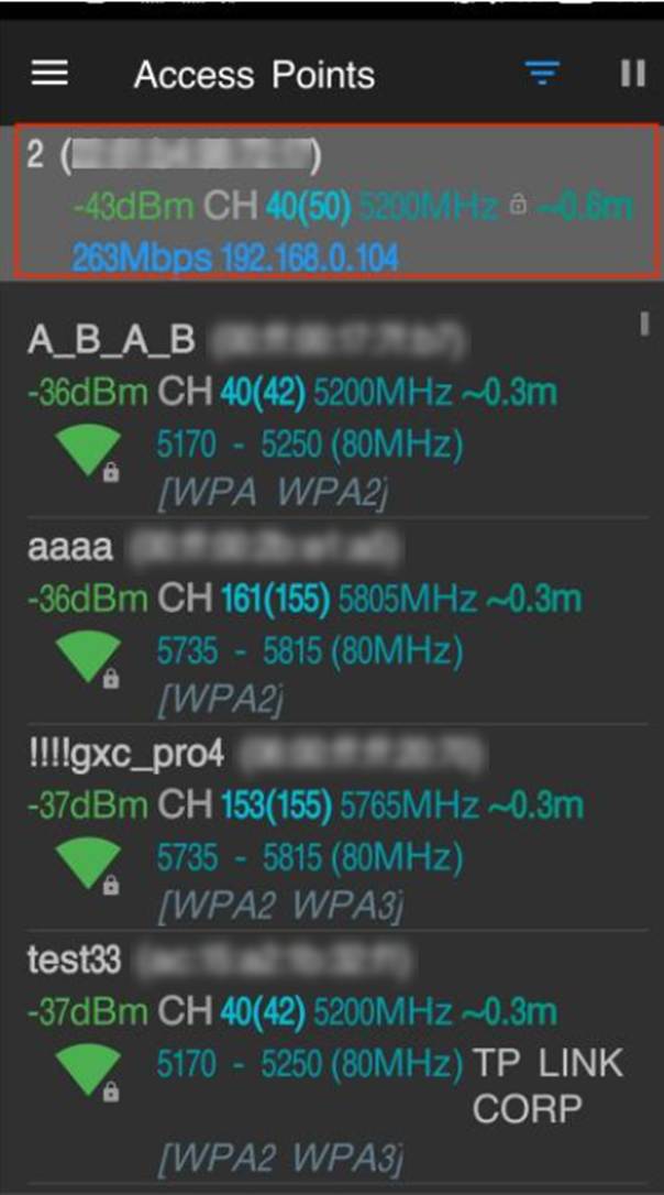 Wi-Fi analyzer app page.
