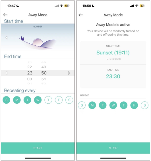 Kasa app Away Mode configuration screens showing start and end time setup and active Away Mode confirmation.