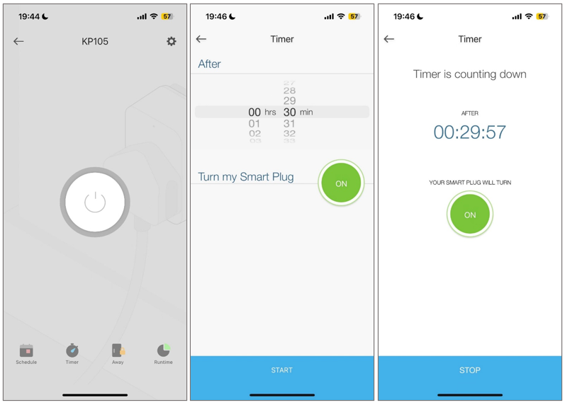 Kasa app Timer setup and active countdown screens showing how to set a countdown timer on a Kasa smart plug.