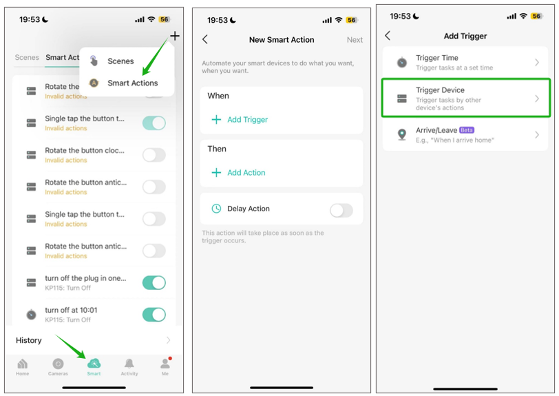 Kasa app Smart Actions flow used to set up an auto-off timer, showing the Add Trigger screen with Trigger Device highlighted.