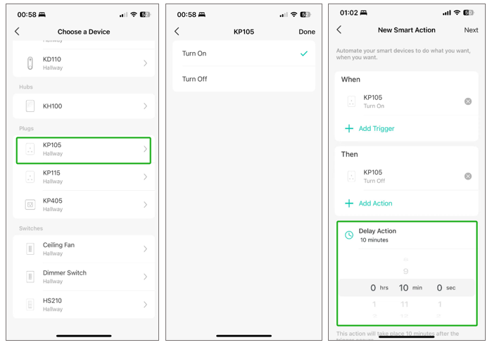 Kasa app screenshots showing auto-off timer setup for KP105: the device is set as both the trigger (Turn On) and the action (Turn Off) with a 10-minute Delay Action.