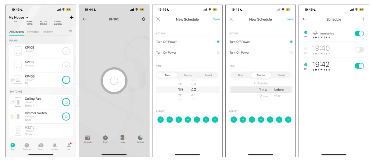  "Kasa app screenshots showing how to create a new schedule for a single device, including time trigger and repeat day options."