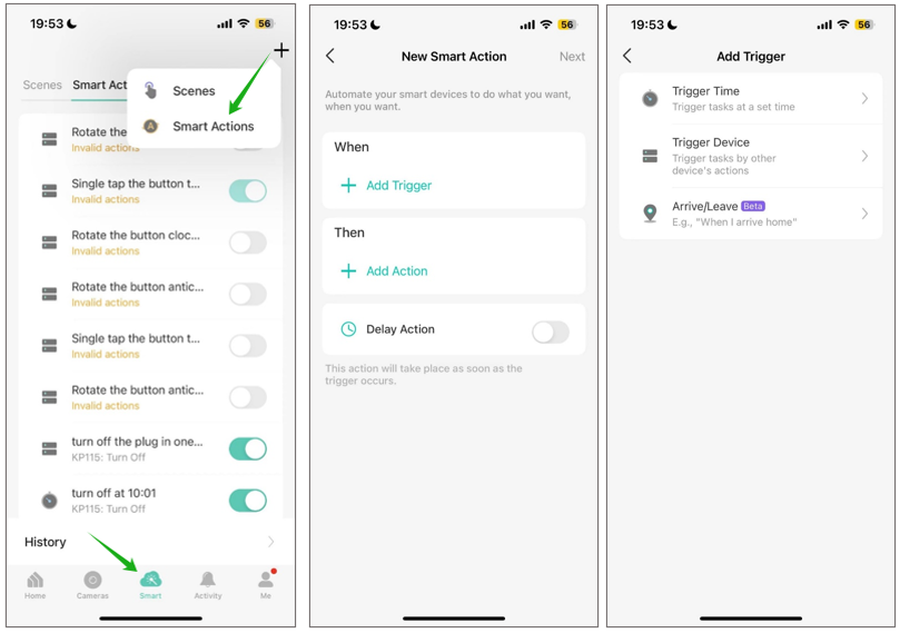 "Kasa app Smart Actions setup screens showing how to add a time trigger for scheduling multiple devices."