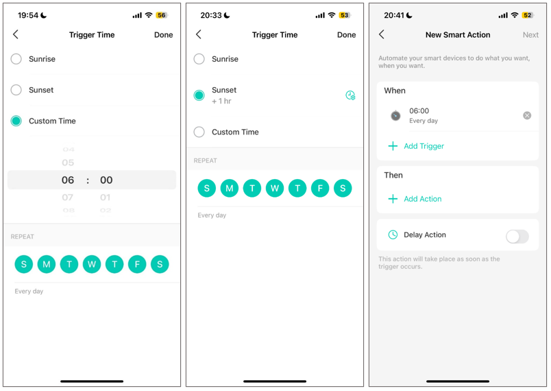 "Kasa app screenshots showing time trigger configuration options including Custom Time, Sunrise, Sunset, offset, and weekly repeat."