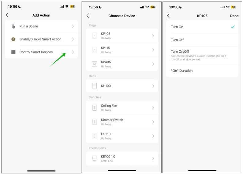 "Kasa app screenshots showing how to add a device action in Smart Actions, including selecting a device and choosing Turn On or Turn Off."