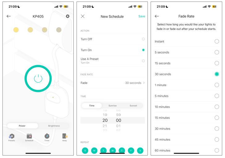 Kasa app screenshots showing how to set up a schedule with Fade Rate on a Kasa dimmer device, including the Fade Rate duration options.