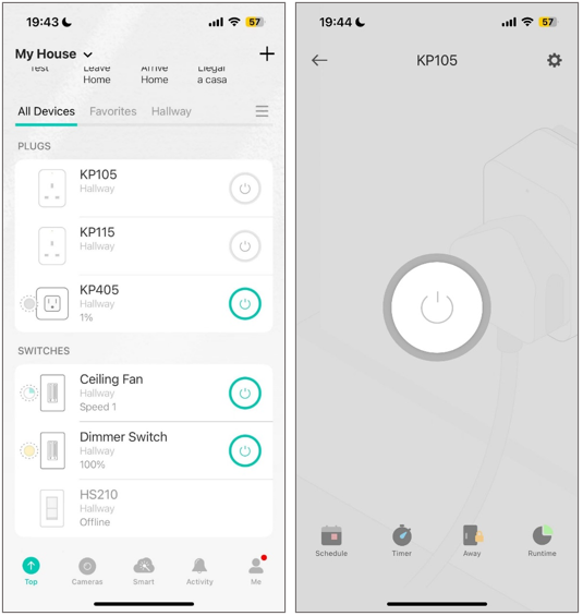 Kasa app home page and KP105 device page showing the Away tab in the bottom navigation.