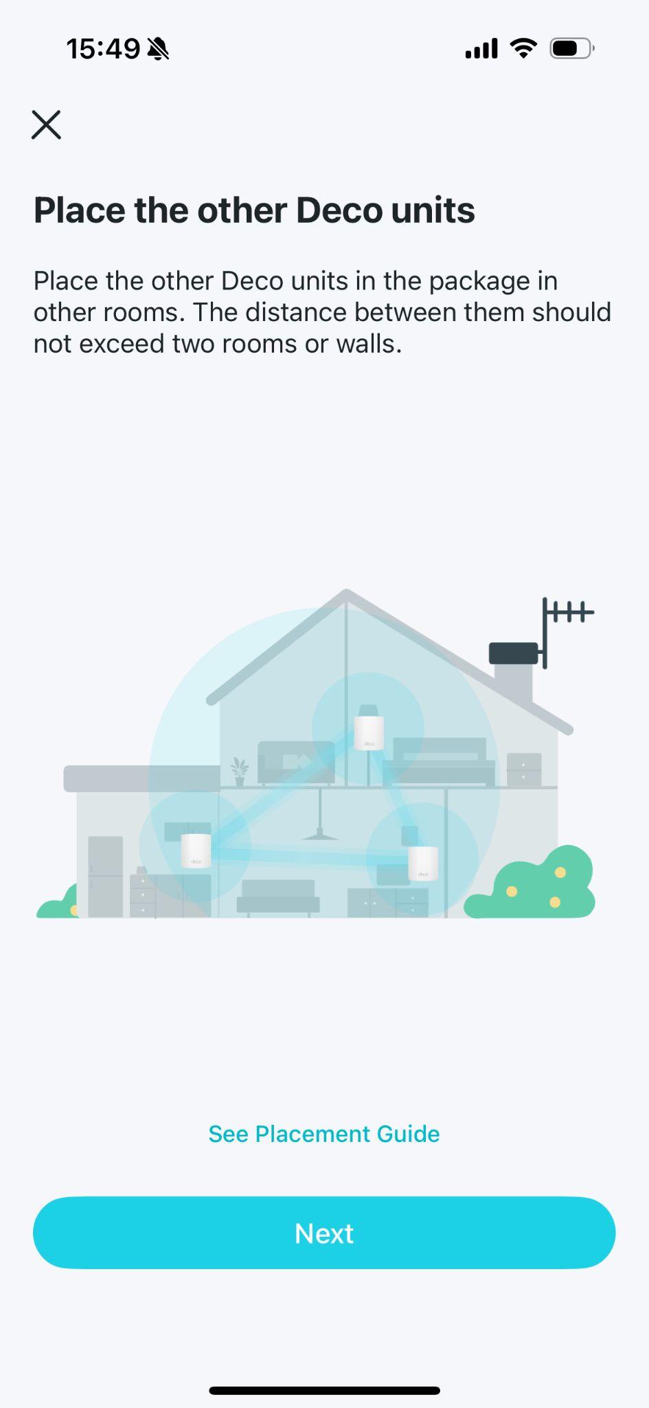 "Place the other Deco units" page with an illustration of a home with Deco units placed in multiple rooms and a placement guide link.