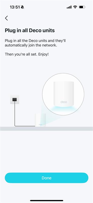 "Plug in all Deco units" page with an illustration of a plugged-in Deco unit and a Done button.