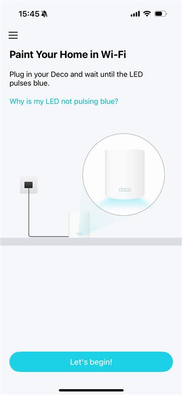 "Paint Your Home in Wi-Fi" page with an illustration of a plugged-in Deco unit and a "Let's begin" button.
