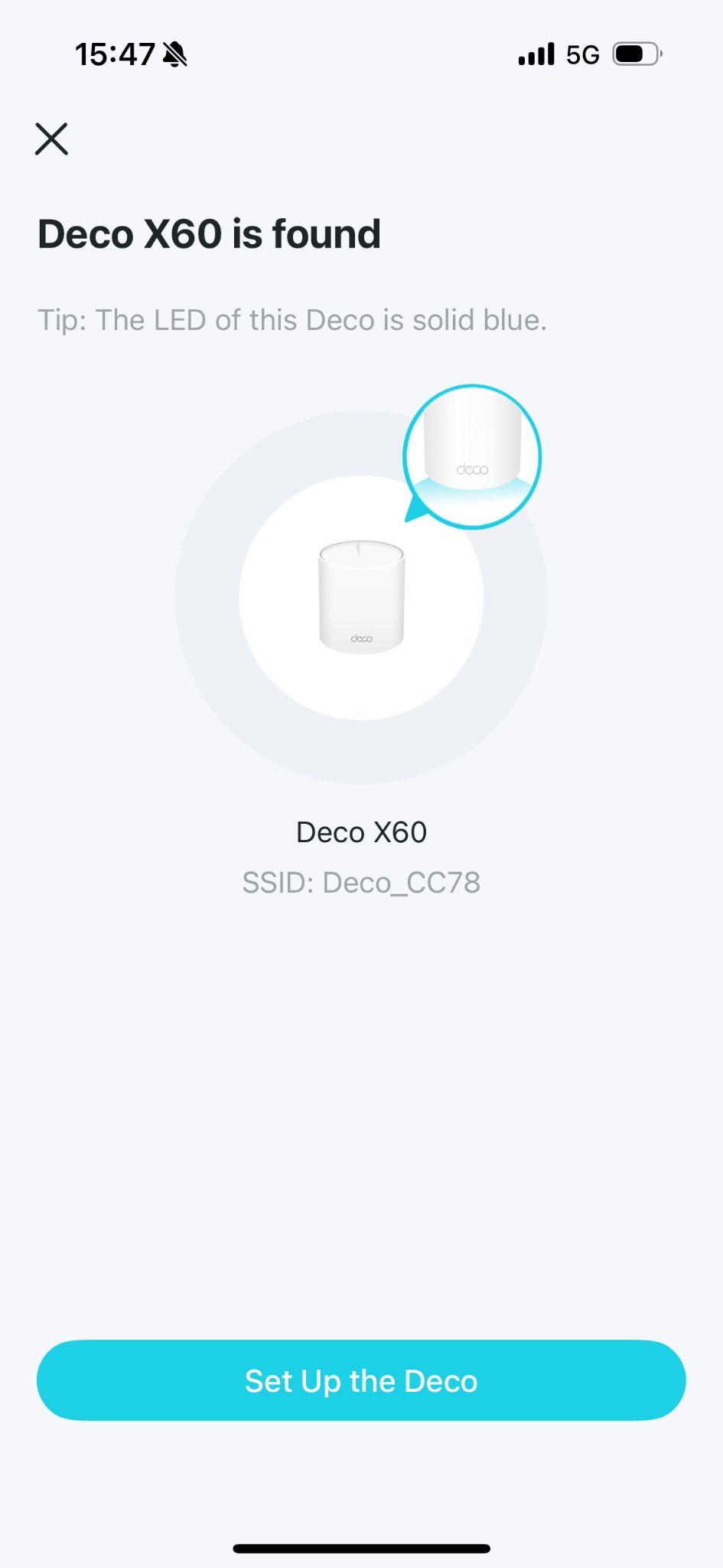 App screen showing "Deco X60 is found" with a tip that the LED is solid blue, an image of the Deco X60 unit with its SSID (Deco_CC78), and a "Set Up the Deco" button.