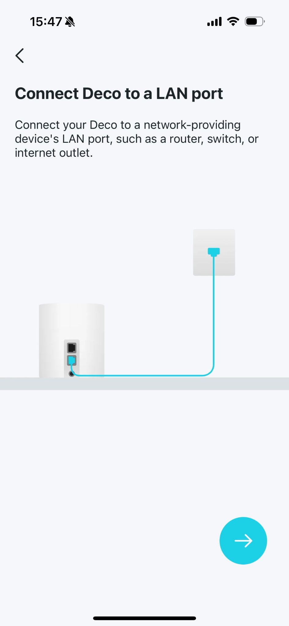 App screen showing "Connect Deco to a LAN port" with an illustration of an Ethernet cable connecting a Deco unit to a wall outlet, and a next arrow button.