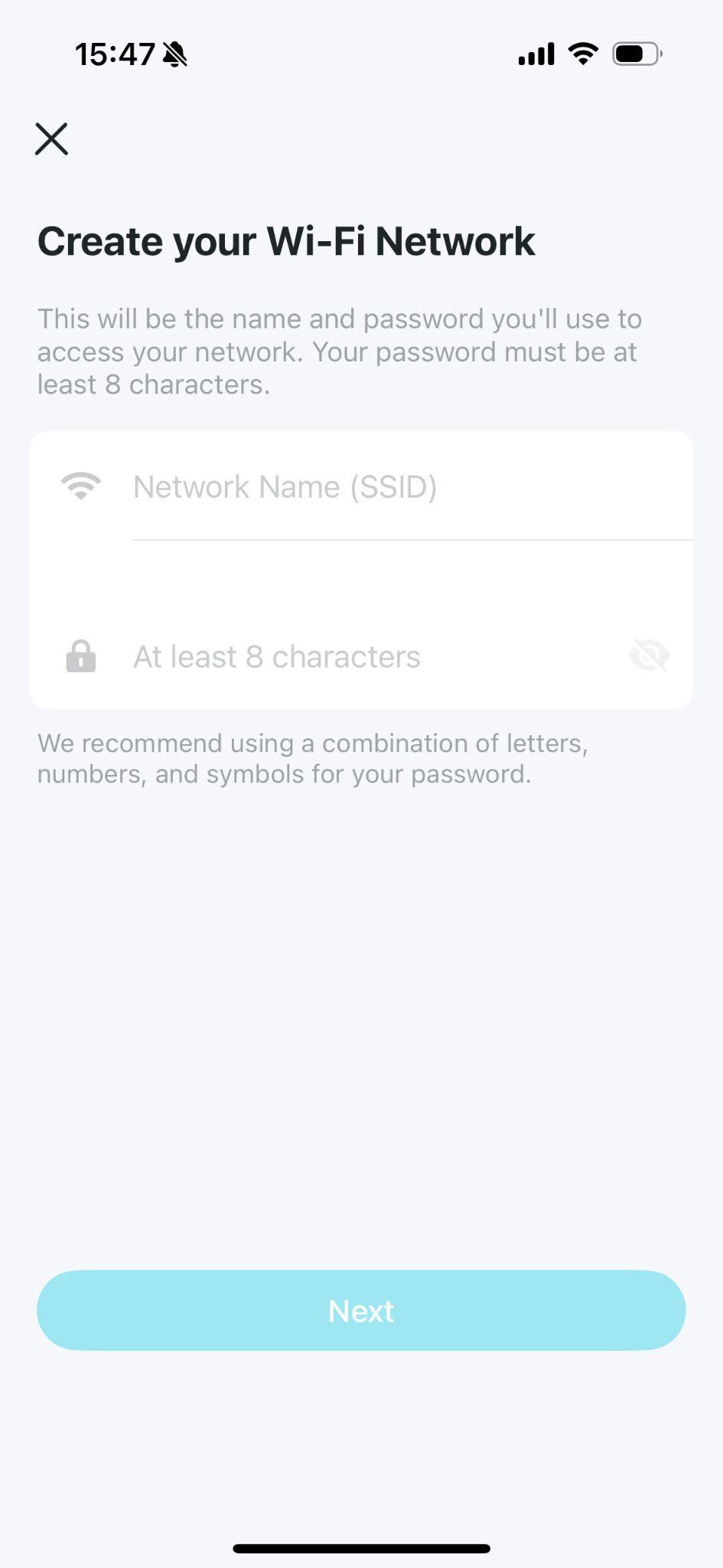 App screen showing "Create your Wi-Fi Network" with a Network Name (SSID) field, a password field requiring at least eight characters, and a recommendation to use a combination of letters, numbers, and symbols.