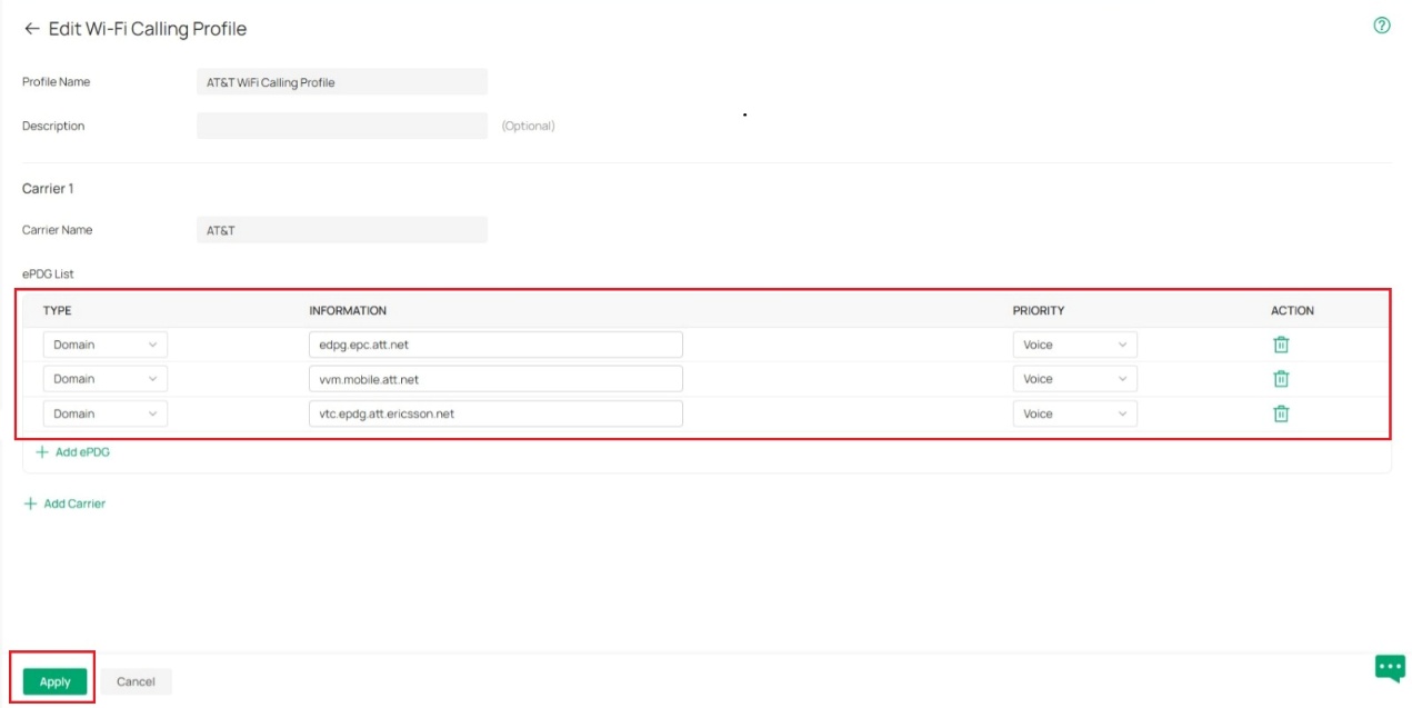 Specify the profile name, then configure the related parameters in Create New Wi-Fi Calling Profile configurations page