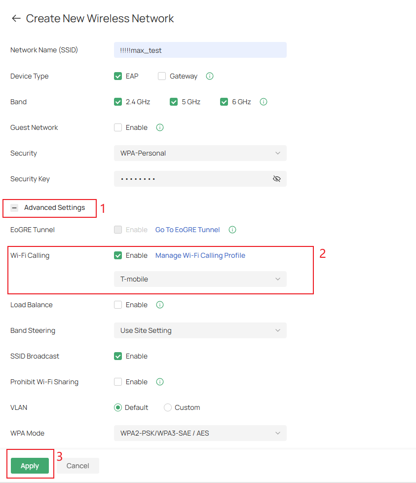 Go to Advance Settings > Wi-Fi Calling, enable Wi-Fi Calling feature and selet the Wi-Fi Calling Profile.