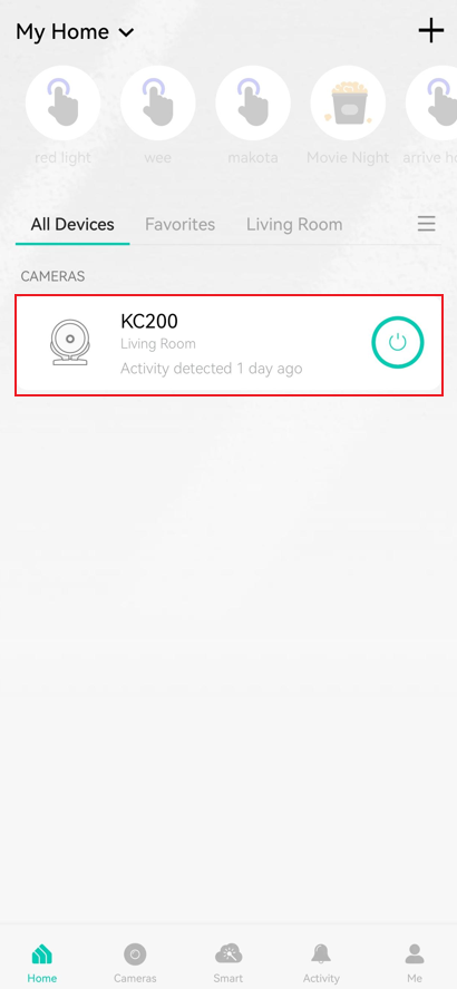 Tap the camera model card on Kasa app Home page.