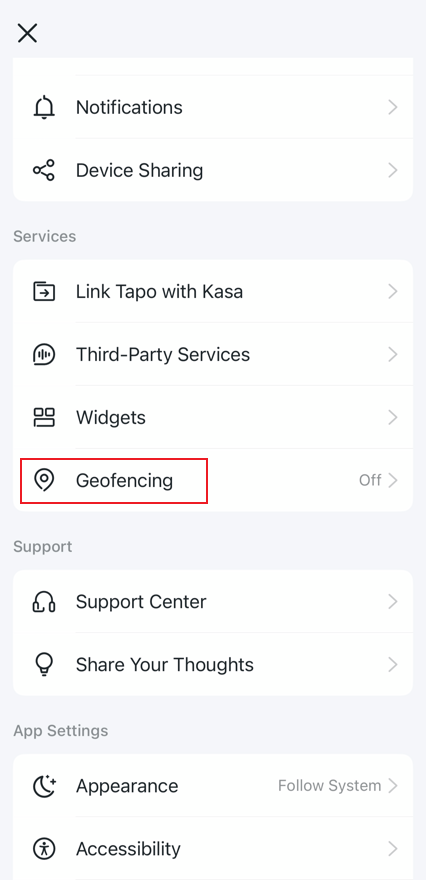 Tap Geofencing in Tapo app Me page.