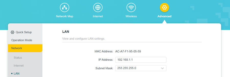 TP-Link router LAN settings page showing IP address and subnet mask configuration fields.