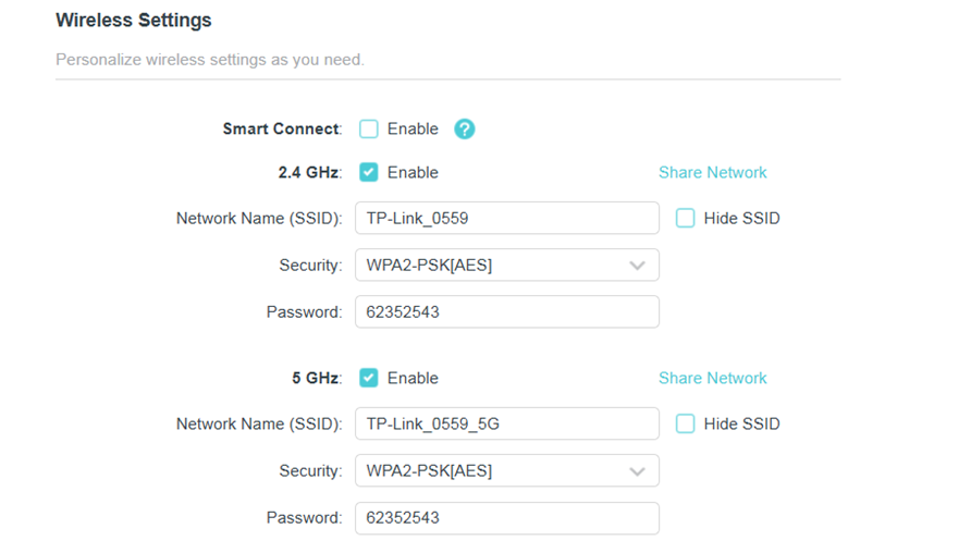 TP-Link router Wireless Settings page showing SSID and password configuration fields.