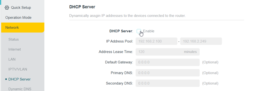 DHCP Settings page.