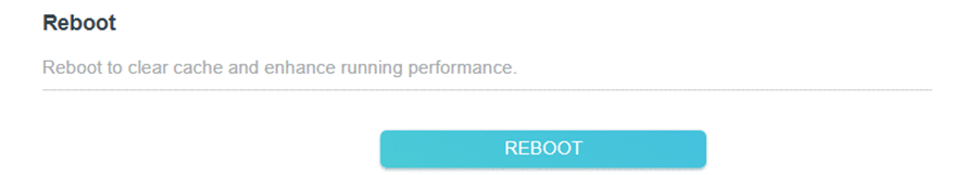 TP-Link router Reboot page showing the Reboot button.