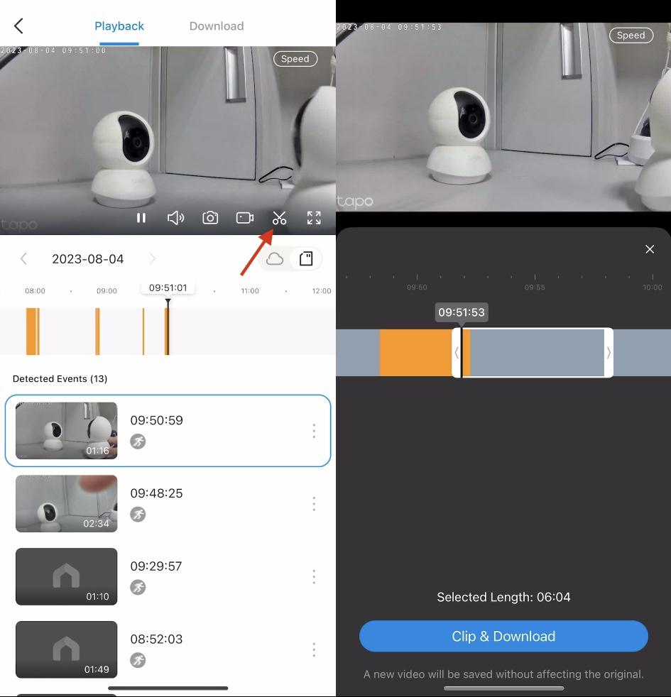 Tapo Playback screen with scissors/clip icon highlighted by red arrow, and clip editor showing Clip & Download.