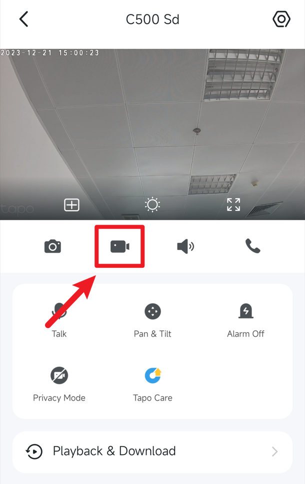 Tapo camera live view screen with the video recording icon highlighted in red.