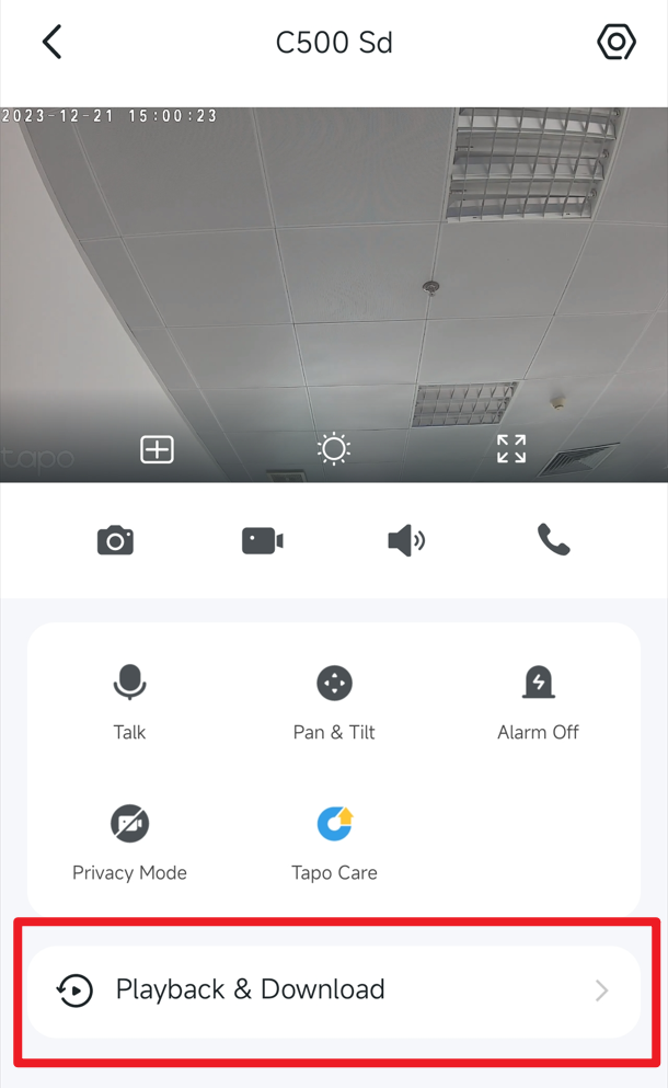 Tapo camera live view screen with the Playback & Download option highlighted in red.