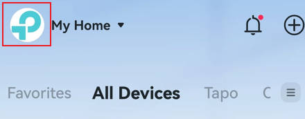 Tapo app home screen header with a profile picture highlighted in red.