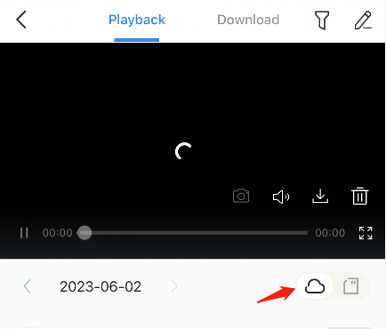 Tapo Playback screen showing a loading video with the cloud storage icon highlighted by a red arrow.
