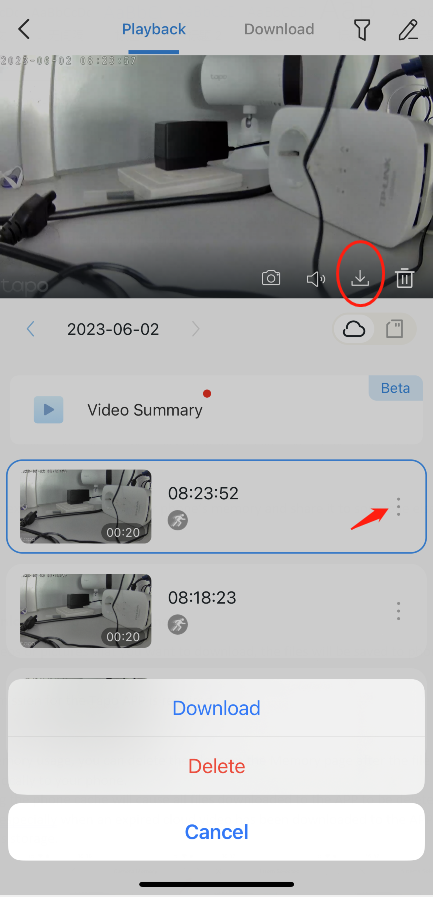 Tapo Playback screen with download icon circled in red, and a clip's options menu showing Download and Delete.