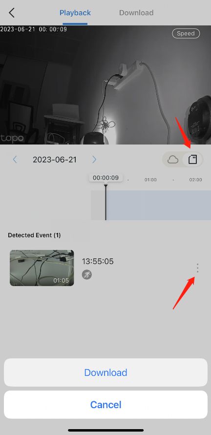 Tapo Playback screen with SD card icon highlighted by red arrow, showing a detected event with Download option.