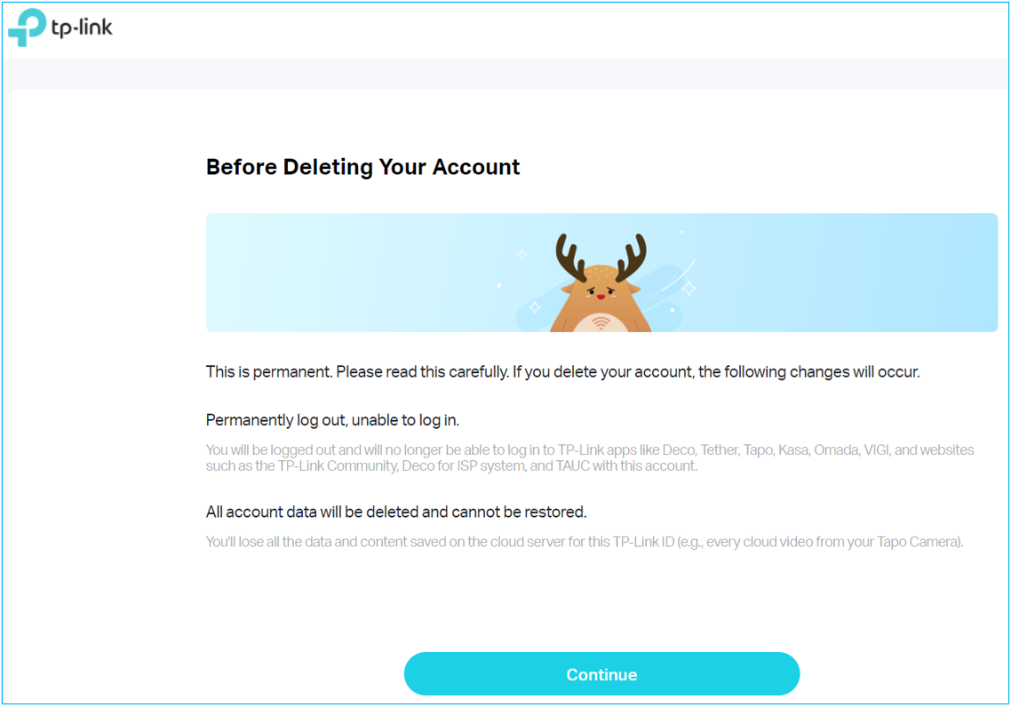 TP-Link account deletion warning page showing permanent consequences of deleting the account, with a Continue button at the bottom.