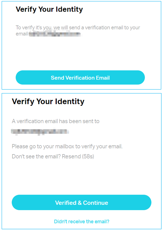 Two-panel Verify Your Identity screen showing the Send Verification Email button and the follow-up state with a Verified & Continue button.