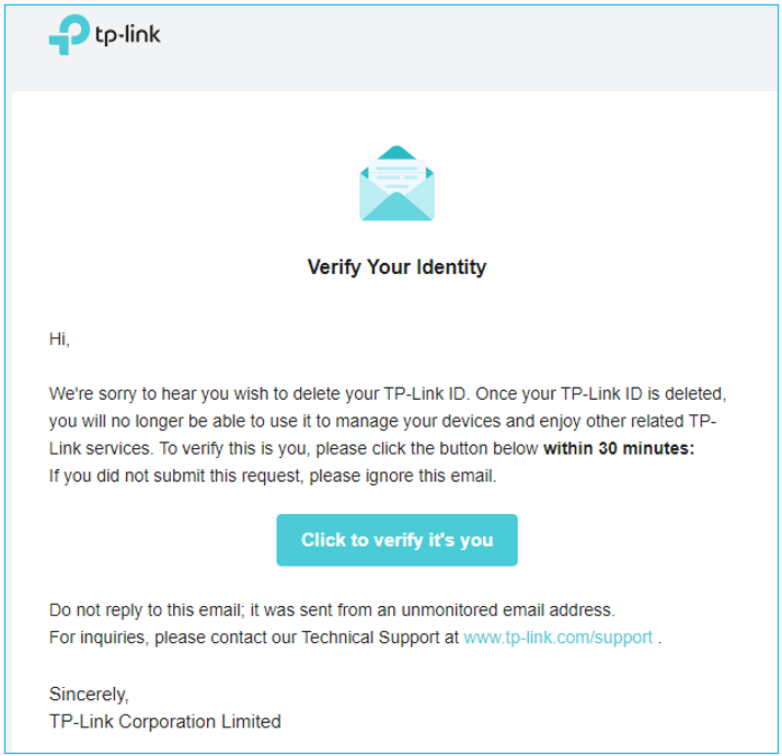 TP-Link verification email with a Click to verify it's you button to confirm the account deletion request within 30 minutes.